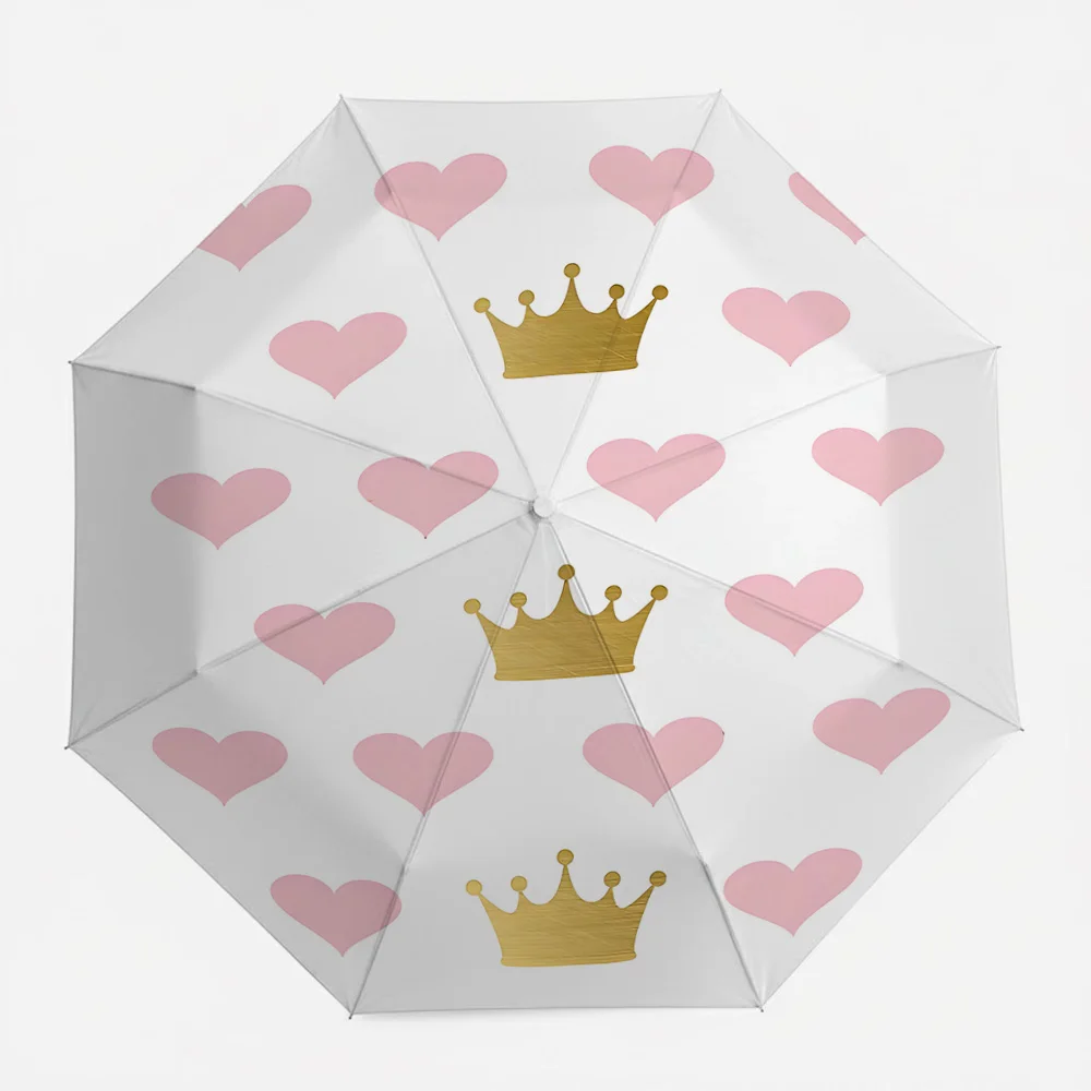 

Pink Hearts and Gold Crowns Print Automatic Folding Umbrella, Portable Waterproof Windproof Travel Umbrella for Princess and Que