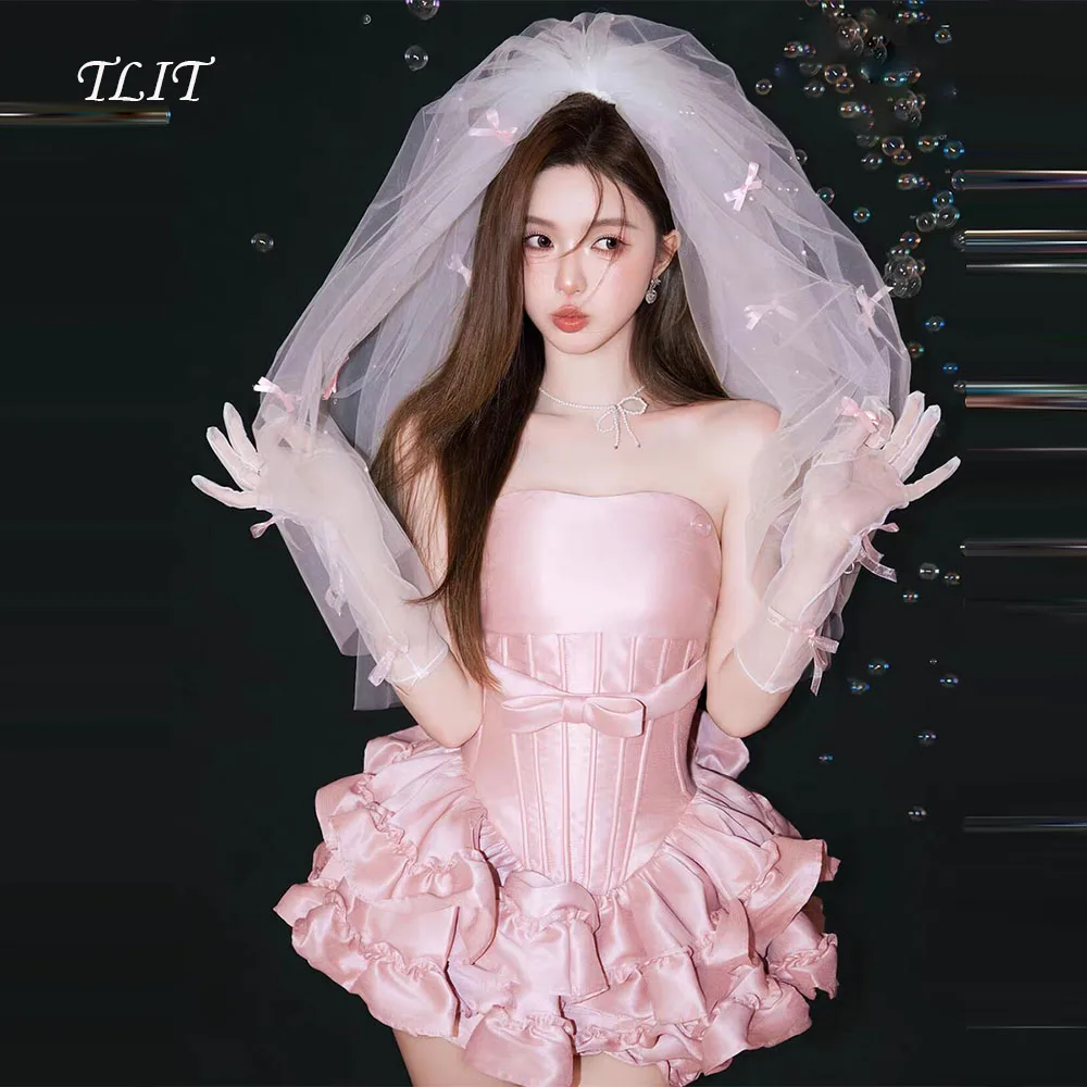 

TLIT Elegant Pink Silk Satin Wedding Dress Short Strapless Bridal Gowns Korea Wedding Dress Photos Shoot Customized 웨딩드레스
