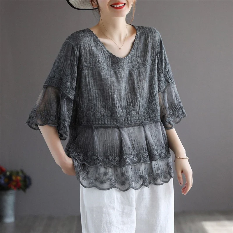 Vintage Embroidery Mesh Lace V Neck Half Sleeve Cotton Linen Ladies Tops Blouses Summer Vacation Women Casual Loose Solid Shirts