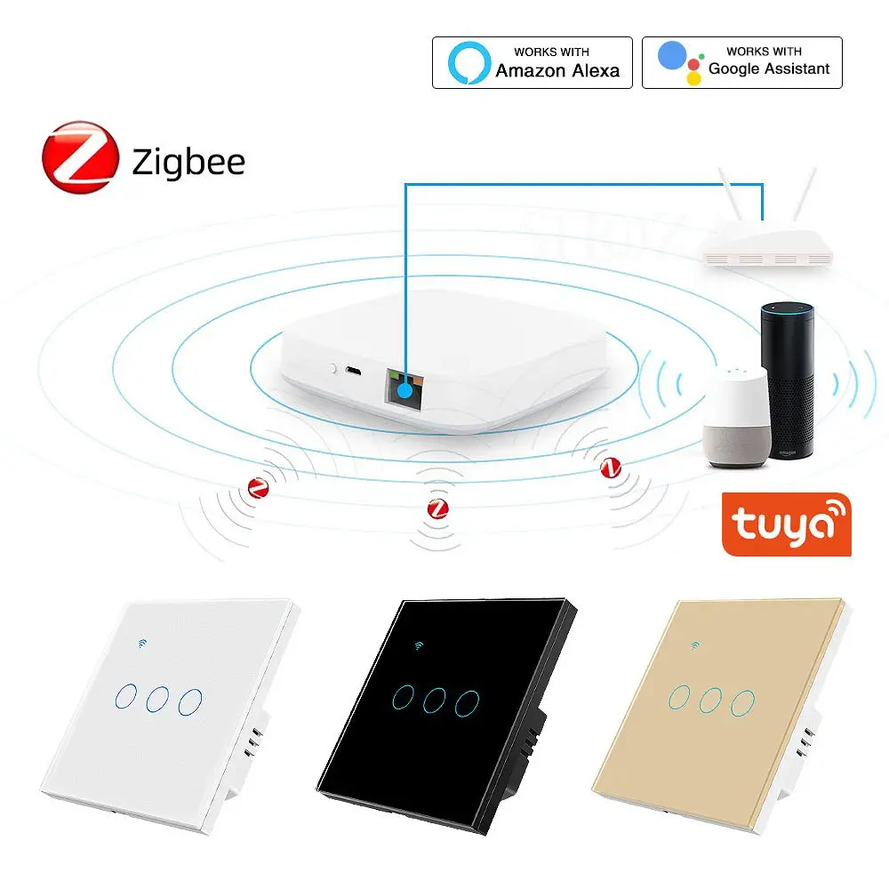 Zigbee Tuya Smart Switch No Neutral Wire APP Remote Control Timing Function Tempered Glass Panel Smart Voice Google Home