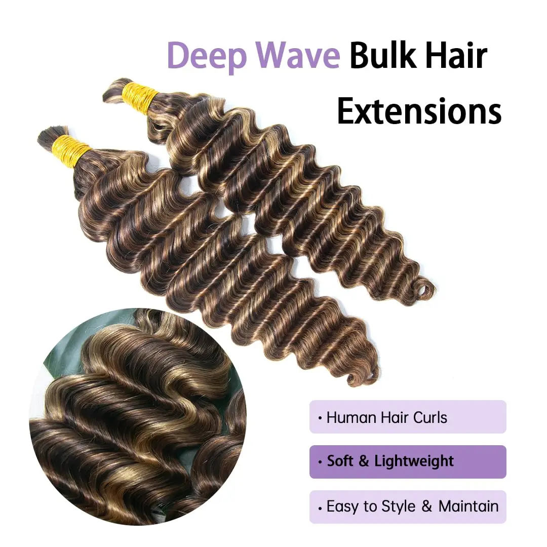 Human Hair Bulk for Braiding 100% Virgin Human Hair Extensions Boho Braids No Weft Hair Bulk Body Wave Deep Wave (Color 1B# 4/27/30# 27/30/613#)