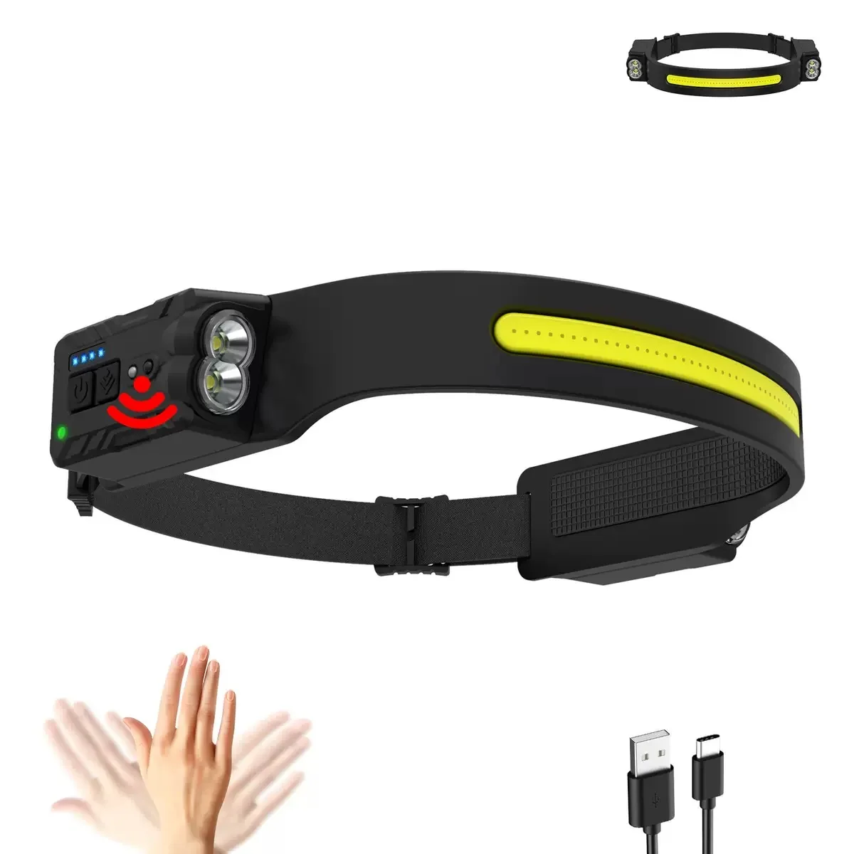 

Налобный фонарь с двумя светодиодами, регулируемый, COB, 5 режимов, перезаряжаемый, для ночного бега, велоспорта, кемпинга, с датчиком движения