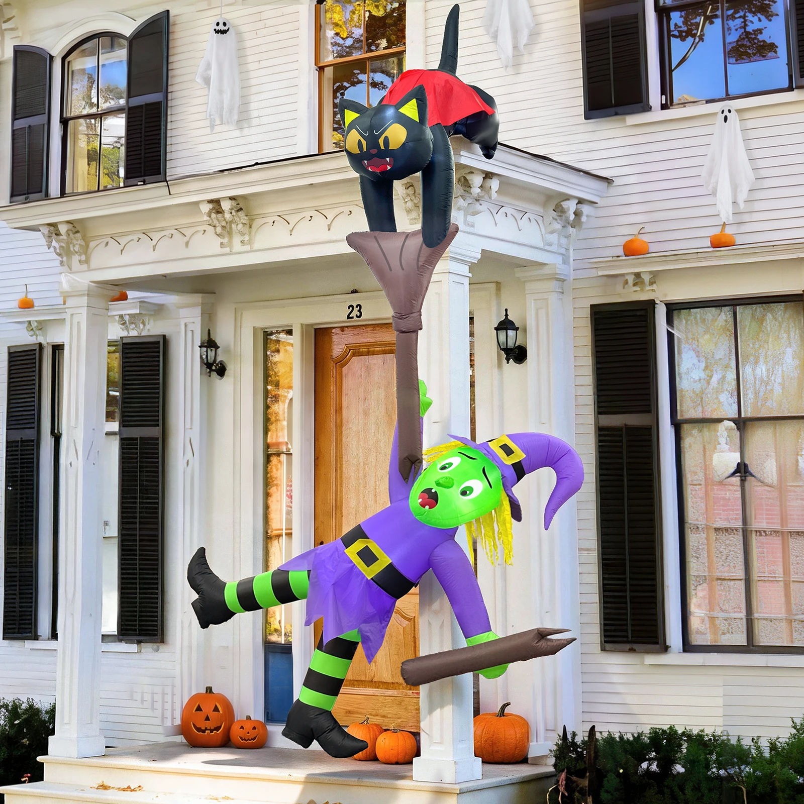 12ft Large Halloween Inflatable Decoration – Cat Riding a Witch's Broom – Suitable for Roofs, Restaurants, and Shopping Malls