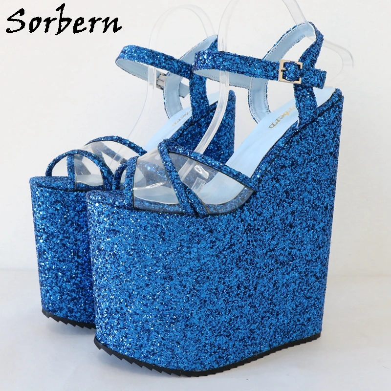 Sorbern Fuchsia Glitter Women Sandal Slingback Summer Shoes Wedges Thick Platform Crossdressing Drag Queen Shoes Sissy Boy Heel