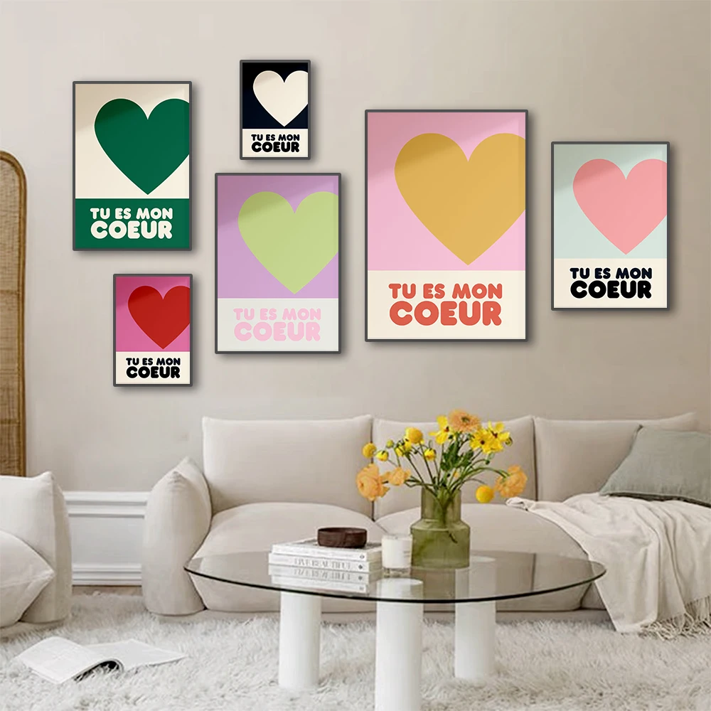 Tu Es Mon Coeur Poster Colorful Heart Pictures Mid Century Wall Art Decor Canvas Painting Couples Gifts Bedroom Home Decorative
