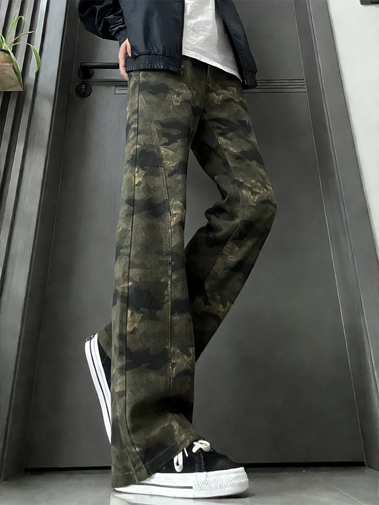 

American Style Camouflage Straight Leg Men's Jeans Design Sensation High Street Pants Elastic Bend Knife Slim Fit Jeans