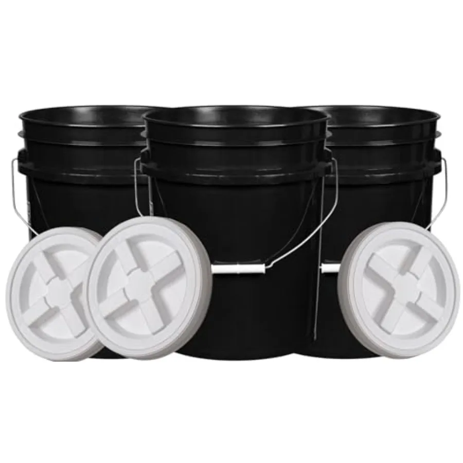 

5 Gallon Food Grade Made in USA Plastic Bucket with Screw On Air Tight Double Gasket lid Pack of 3 (Black Buckets-White lids)