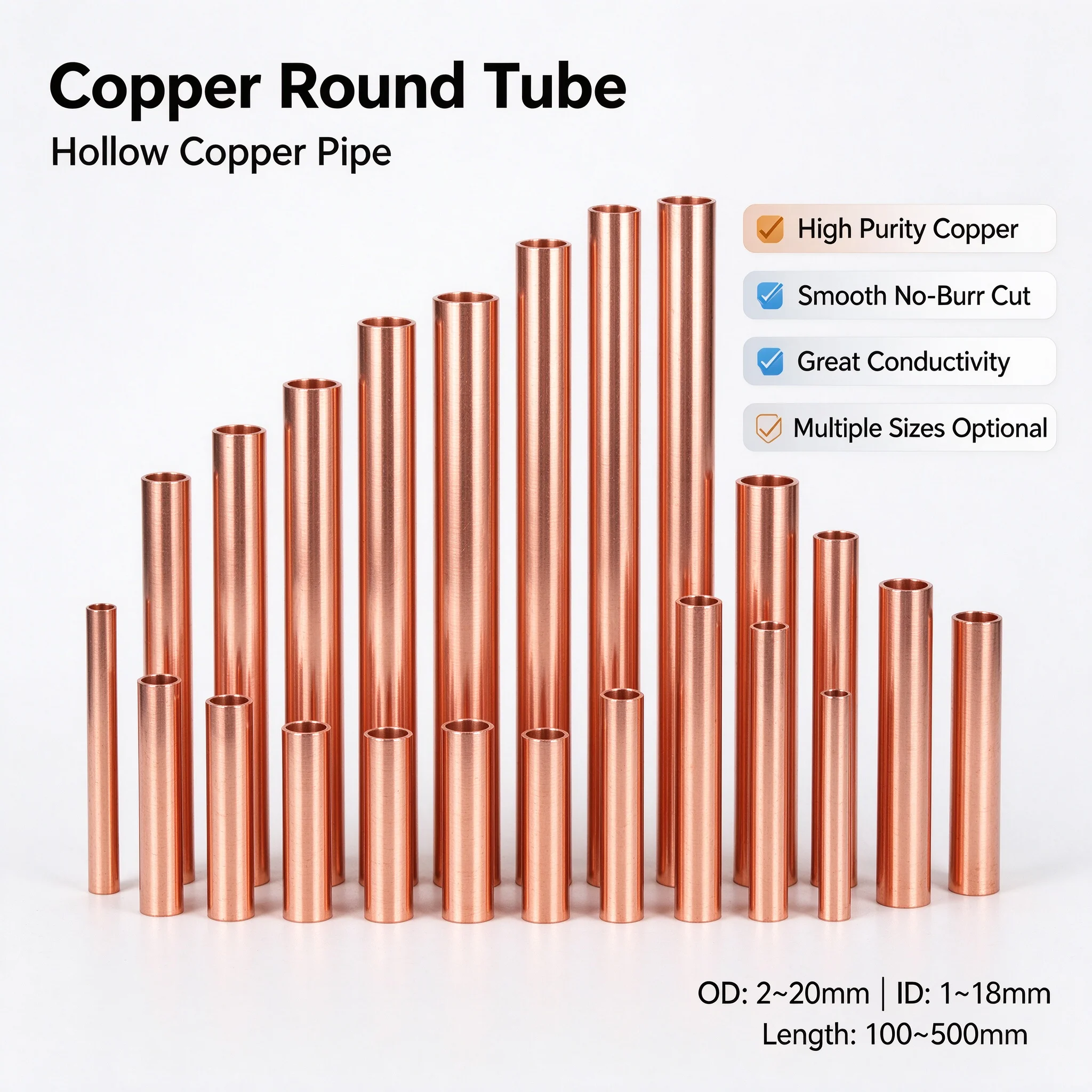 1-5pcs T2 Purple Copper Straight Pipe Outer Diameter 2-20mm Hollow Hard Copper Tube Wall Length 200/250/300/500mm Copper Tube