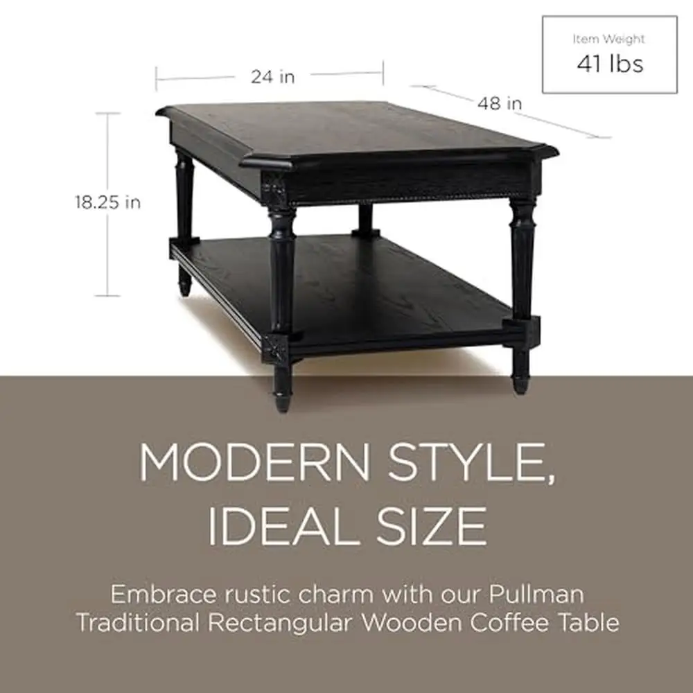 Rectangular Wooden Center Coffee Table with Storage Shelf Hand-Crafted Details Rustic Black Finish Sturdy Reeded Legs Unique