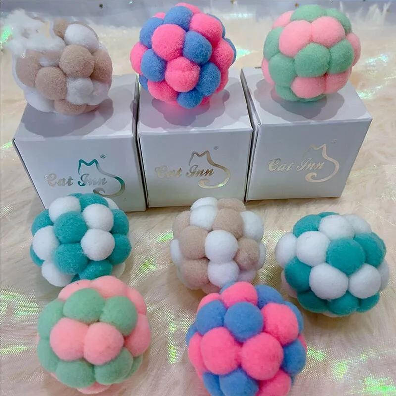 5pcs Plush Toy Ball for Cat, Large Macaron, Handmade Bell Ball, Color Rolling Pet Toy