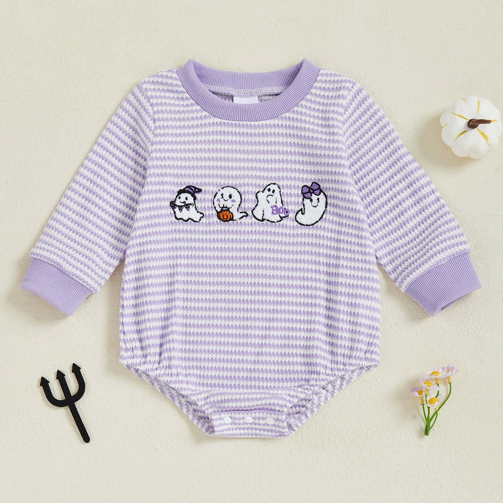 رومبير للفتيات الصغيرات للهالوين بأكمام طويلة ورقبة دائرية وتطريز شبح مخطط #3