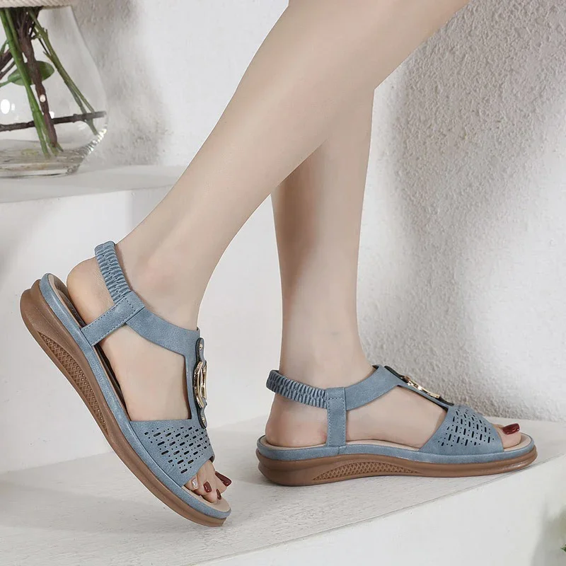 Summer Women 2cm Platform 3cm Wedges High Heels Sandals Lady Versatile Metal Leisure Blue Sandles Fashion Beach Bohemian Shoes