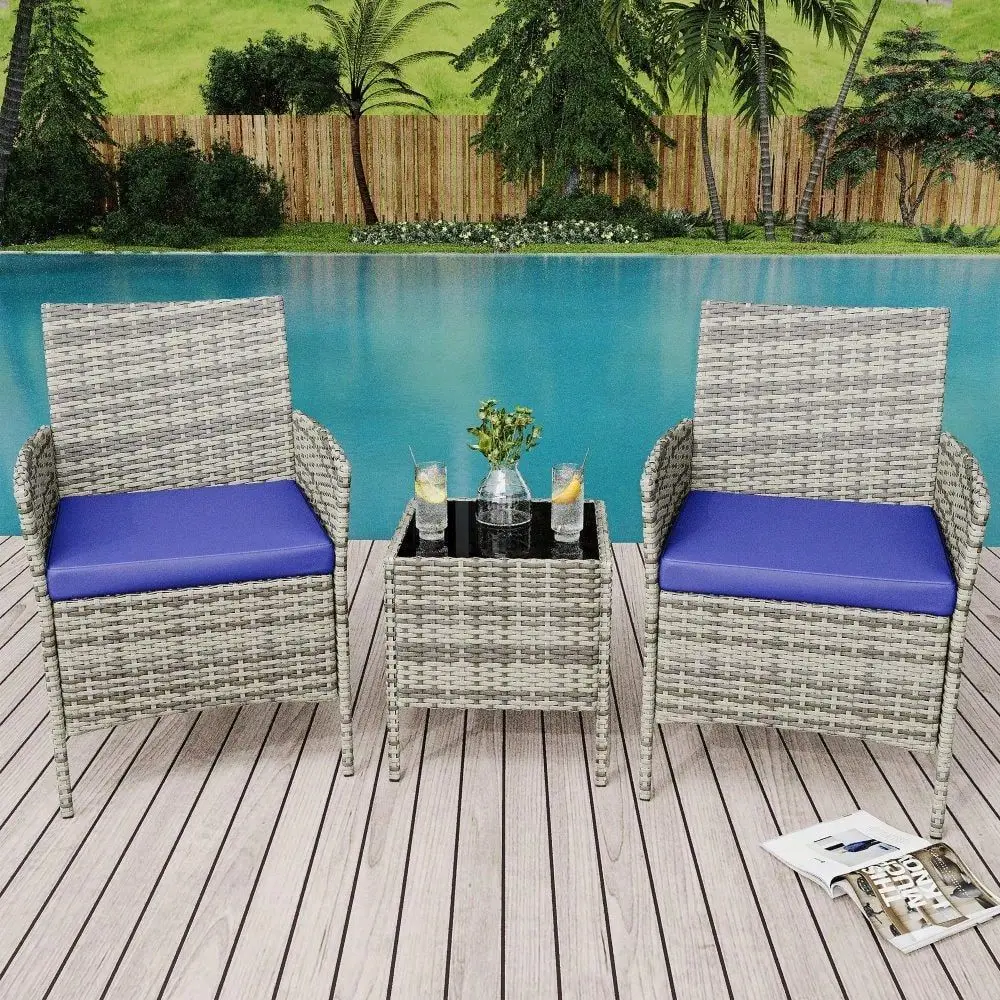 Pieces Patio Furniture Set, Rattan Outdoor Furniture With 2 Upholstered Chairs And Coffee Table, Conversation Bistro Set For Gar