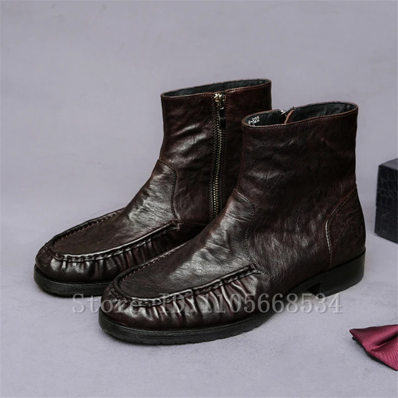 Men Winter New Pleated Genuine Leather Ankle Boots Side Round Toe Zip Low Heel Formal Casual Short Boots Stylish Gentleman Shoes