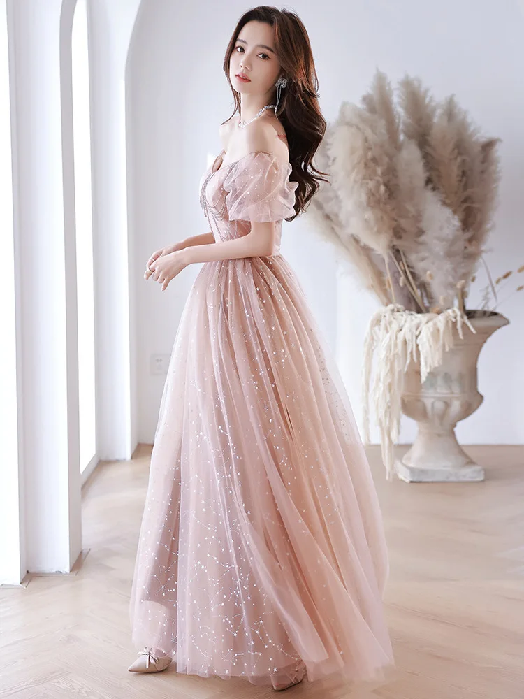 

Sexy Boat Neck Evening Dresses Beading Tassel Puff Sleeve A-Line Backless Lace Up Dress Formal Banquet Gowns Vestidos De Gala