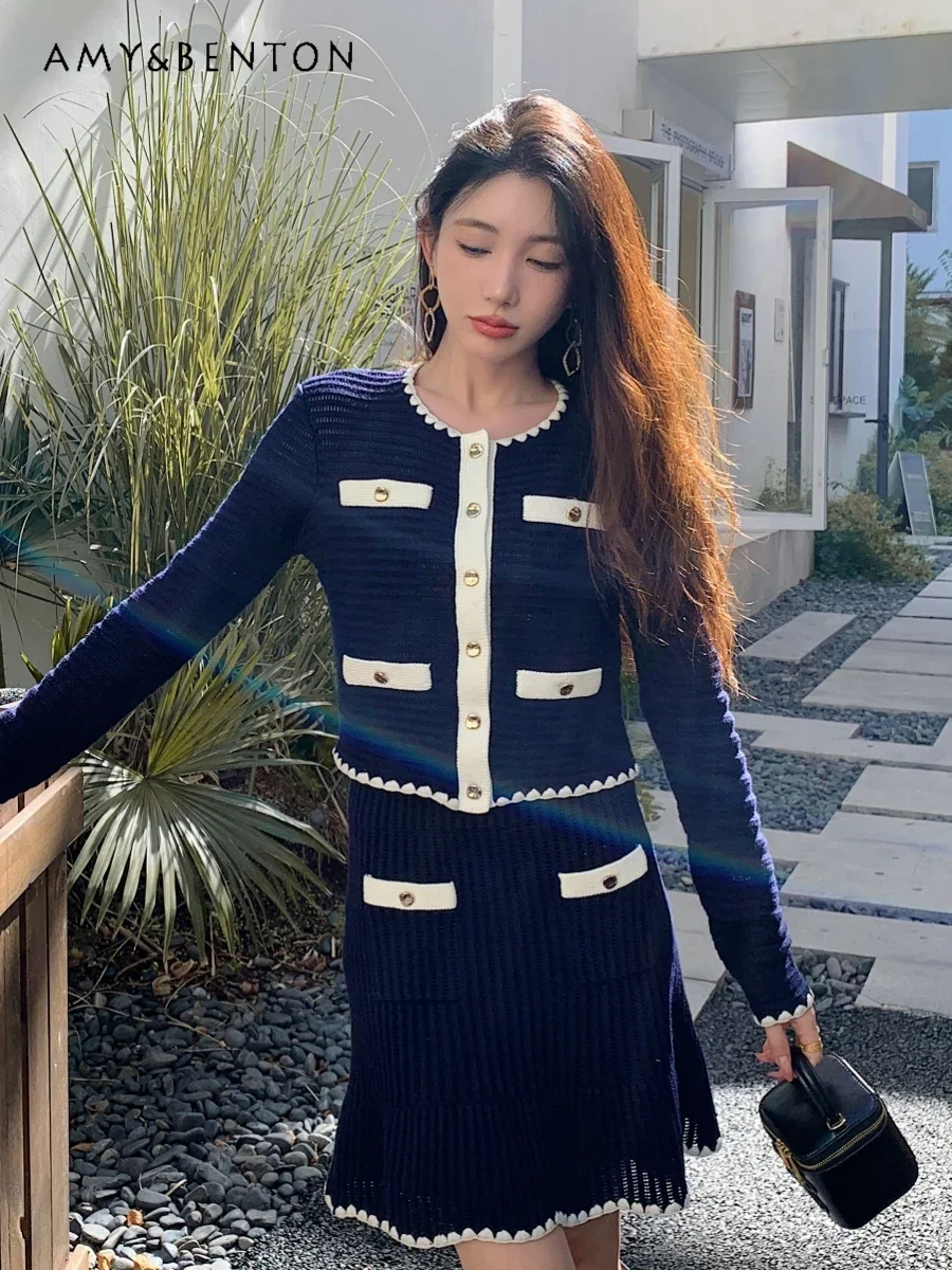 

Commuter Style Temperament Socialite Navy Blue Knitted Long-sleeved Sweater Cardigan Skirt French Elegance Ladies Fashion Suit