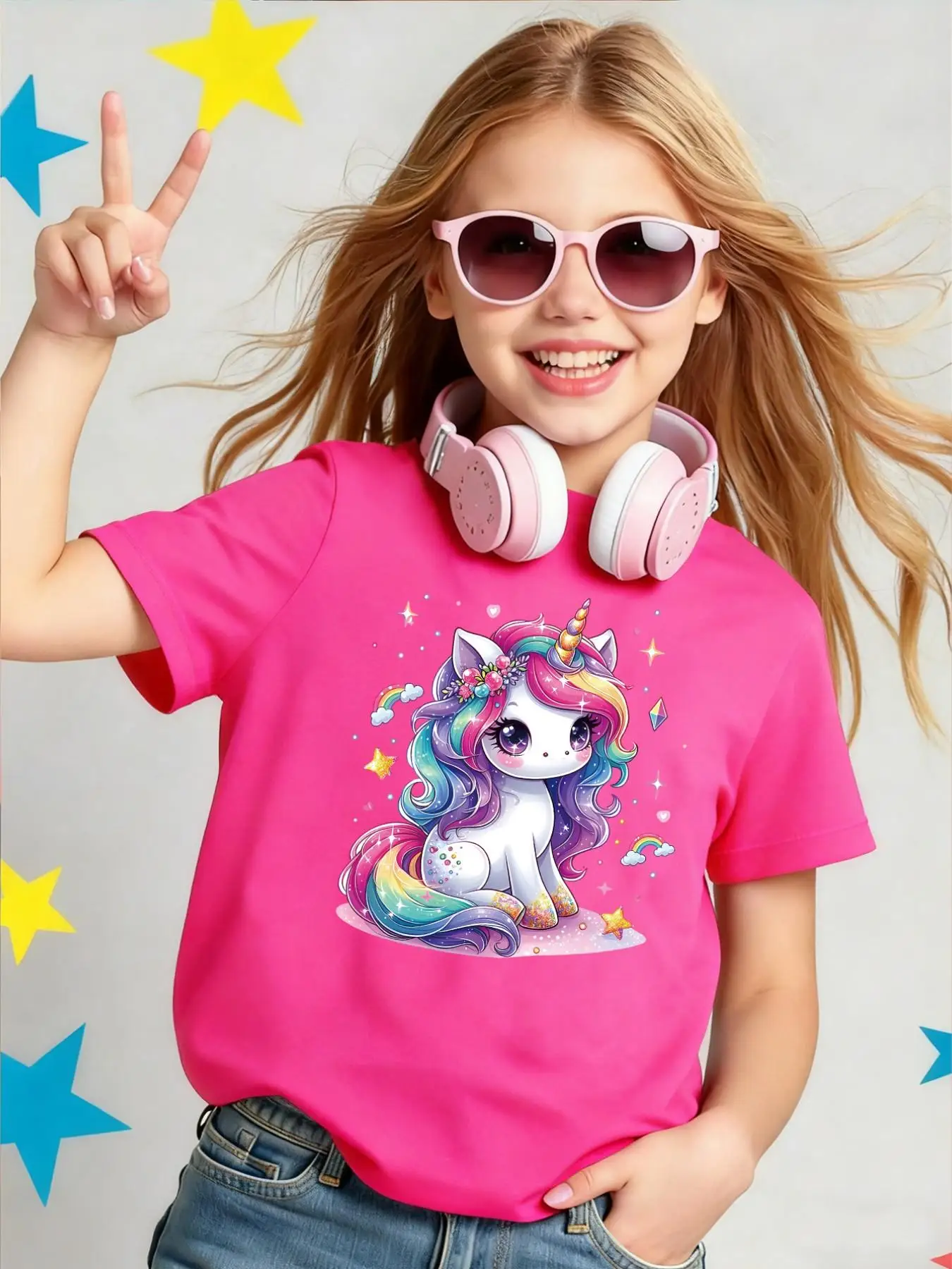 Children's Clothing, Girls' Short-Sleeved T-Shirt with Rainbow Unicorn Print, Suitable for Girls Aged 4-12, Cartoon Top Suitable for Girls Aged 4-12, Spring and Summer Comfortable and Versatile Casual Clothes