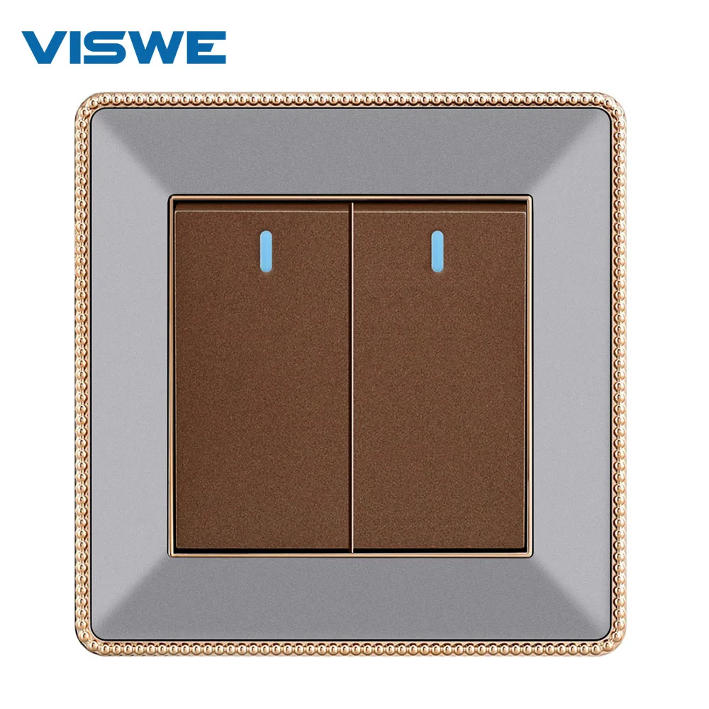 VISWE Button Switch 2gang 2way Wall Switch, 86*90mm Acrylic Panel with gold border, Mechanical Light Switch with indicator