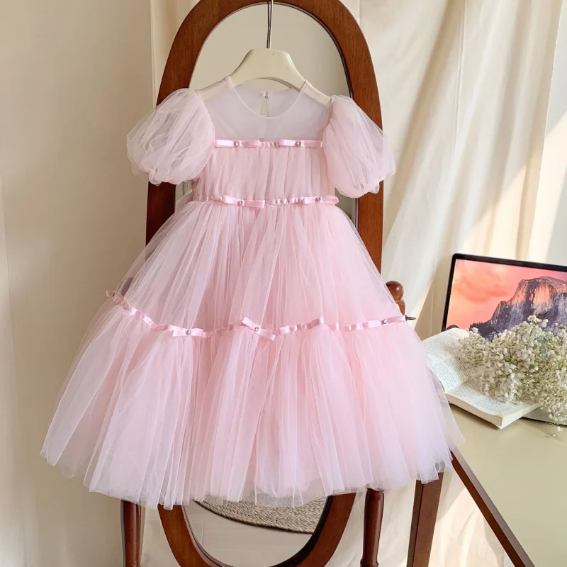 Girls' Dress Princess Dress Summer2024New Children's Fashionable Pink Dress Girls' Summer Puff Sleeve Dress