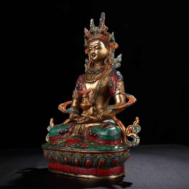 Antiques Antique Collection Pure Copper Inlaid Gemstones Tantra Tibetan Biography Buddha Longevity Buddha Statue Bronze Statue H