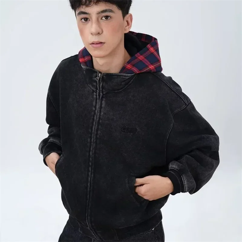 Autumn Plaid Zipper Hooded Sweatshirts For Men Y2K Vintage Streetwear Patchwork Jackets Female Harajuku Fashion Hoodies Coats