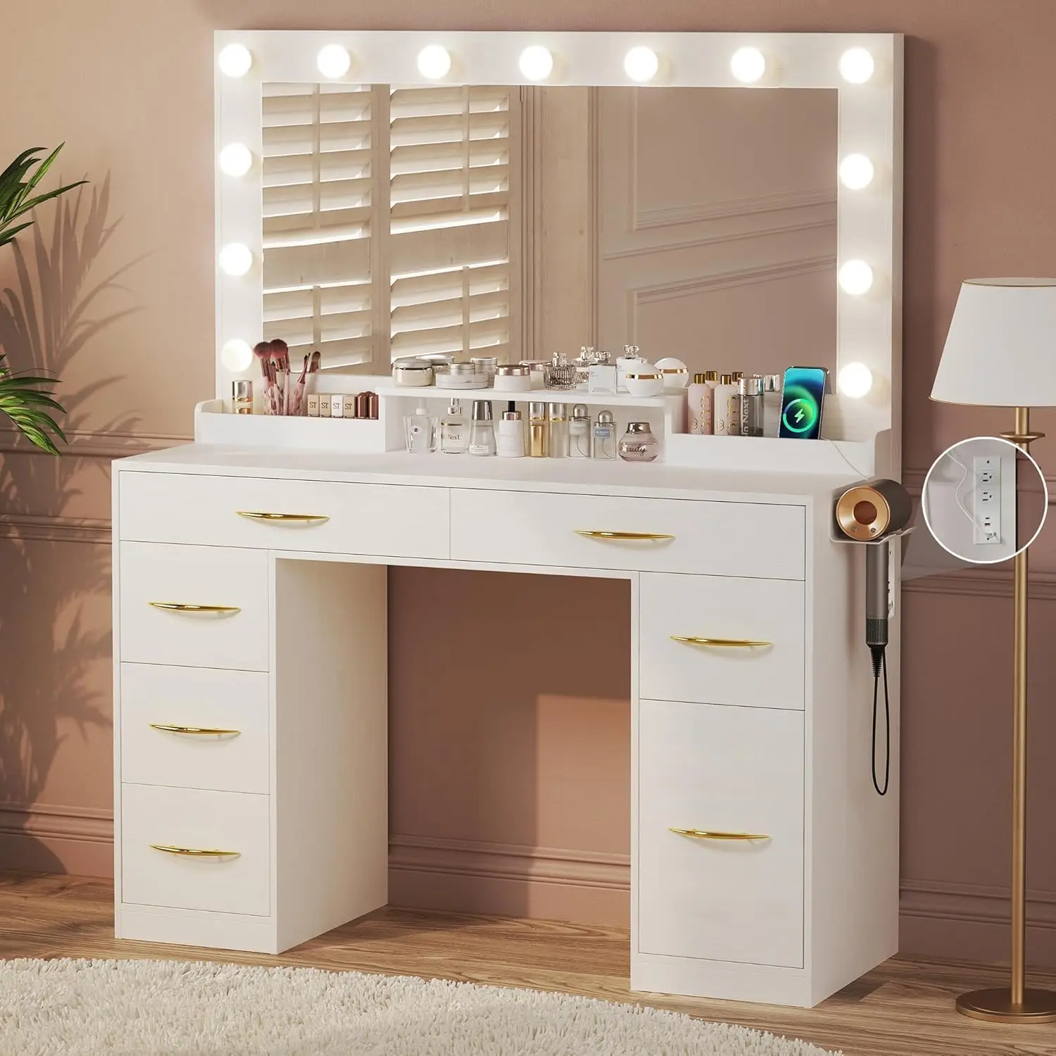 Makeup Vanity Desk with Lights, Vanity Desk with Large Mirror, White Vanity with Outlets Large Drawers & Storage