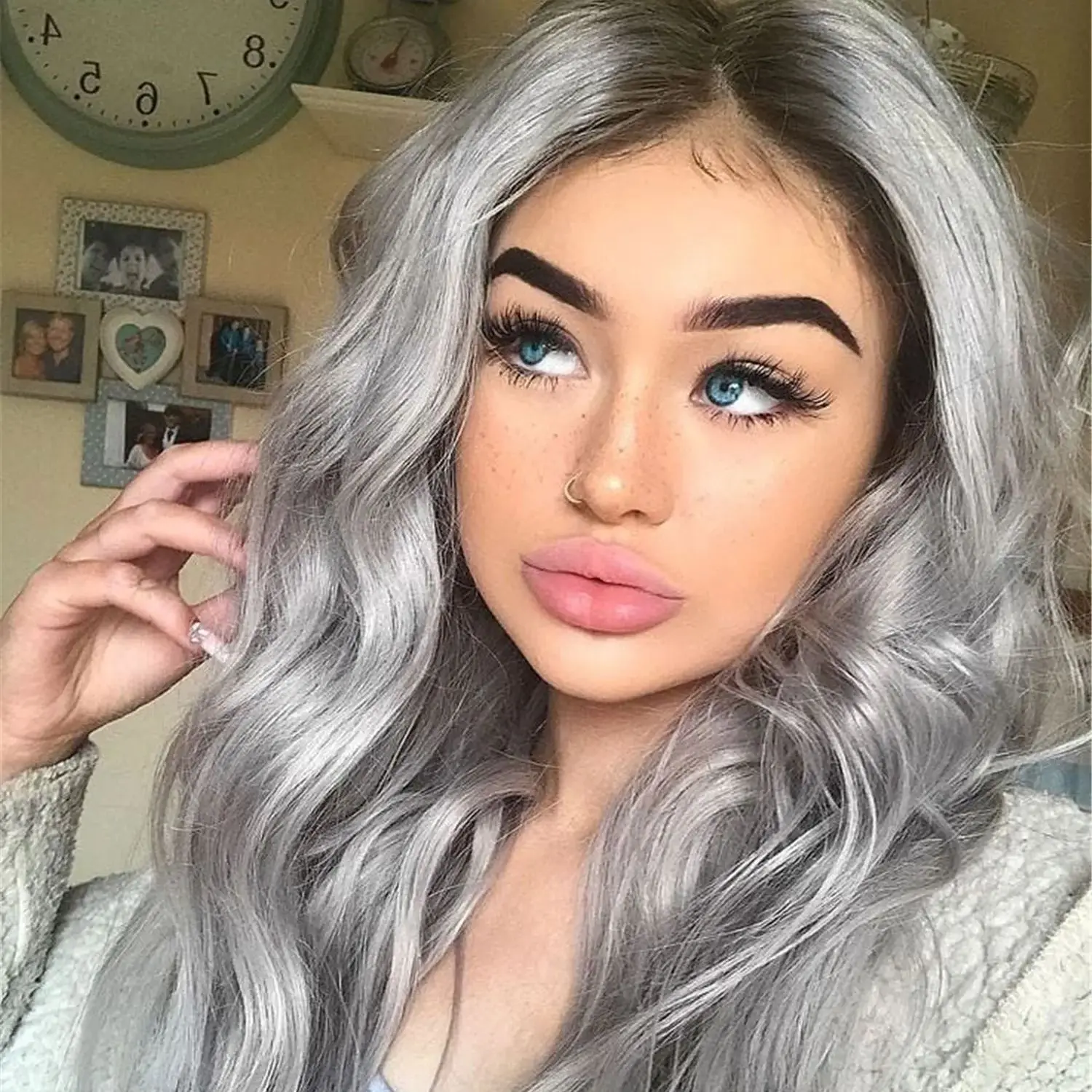 

Cosplay Wigs New Style 13*4 Water Wave HD Transparent Lace Wigs for Women Medium Length Middle Parting Ash Sliver Glueless Wigs