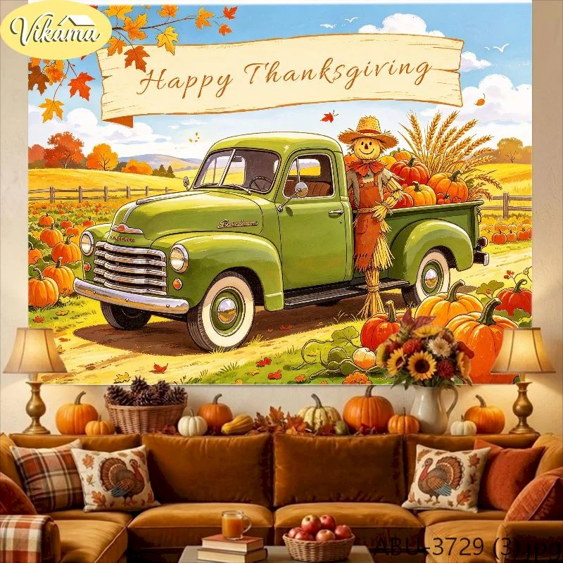 VIKAMA Thanksgiving Tapestry Wall Hanging Happy Green Vintage Truck Scarecrow Pumpkin Farm Fall Bedroom Decor