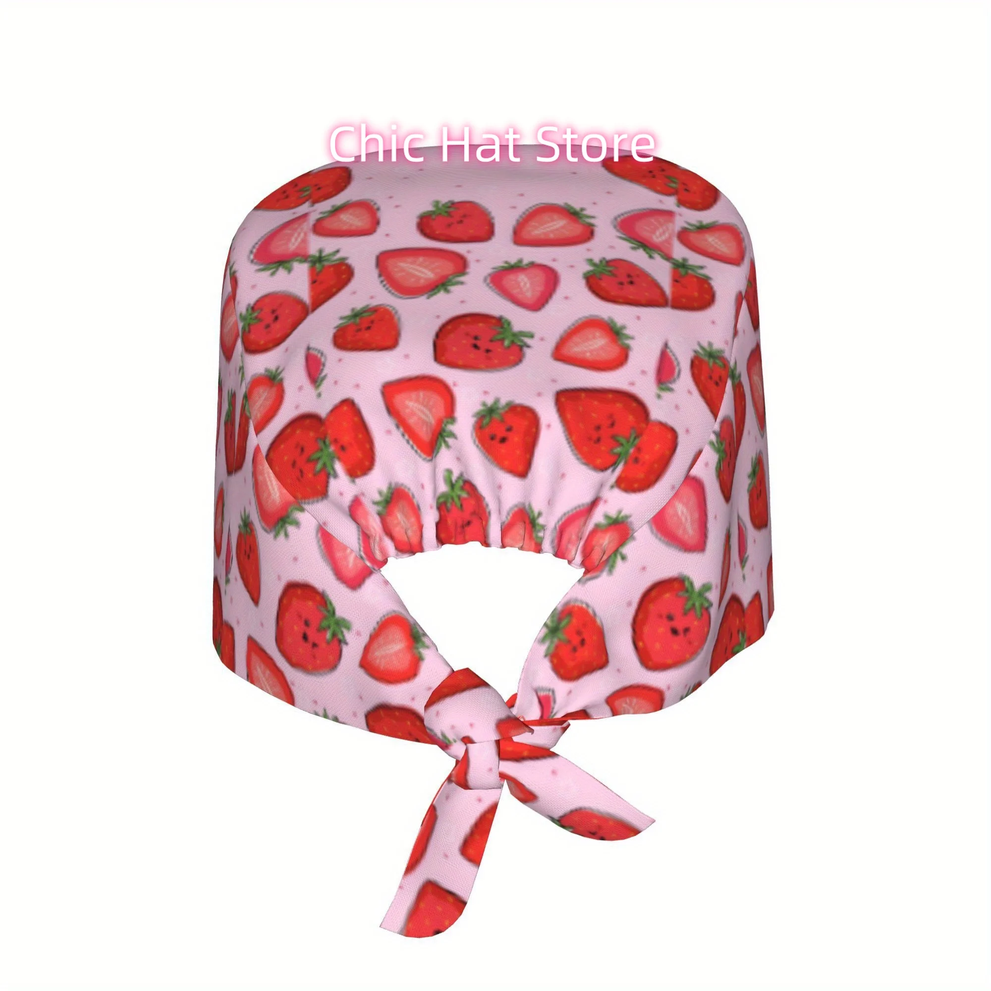 1pc Women's Stylish Printed Work Cap - Lightweight Adjustable Skull Cap - Tie-Back Nurse Hat - Dustproof Chef Strawberry pattern