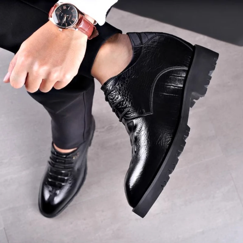 جلد طبيعي الارتفاع زيادة الأحذية للرجال فستان أحذية الأعمال مصعد 10 سنتيمتر الفاخرة ديربي أحذية الزفاف العريس حذاء رجل #3