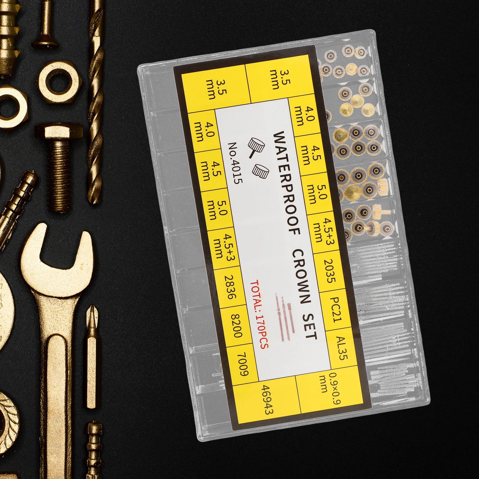 

Watch Crown Replacement Kit Gold Silver Copper Stem Spring Bar Repair Tools Portable Storage Box Watch Crowns Watchmaking Tools