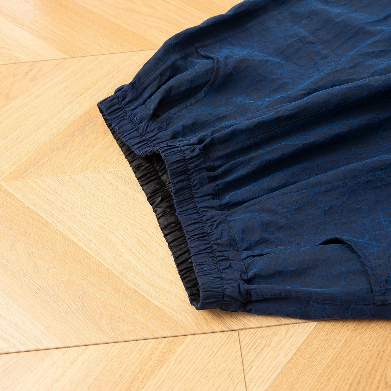 Blue and Black Double-sided 100% Natural Mulberry Silk Gambiered Guangdong Gauze Retro Elastic Waist Women's Straight Leg Pants