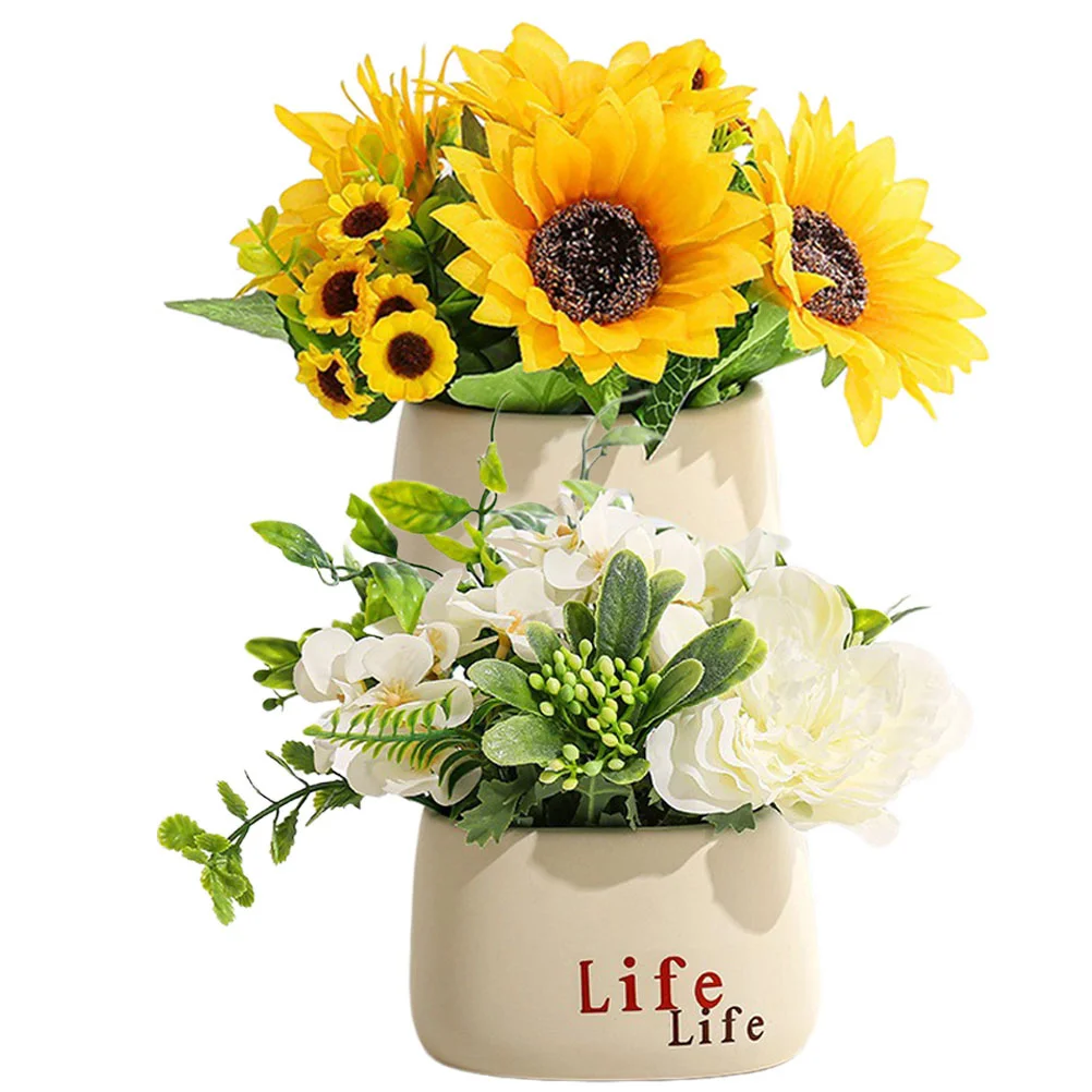 

2Pcs Fake Sunflower Bonsai Potted Plant Artificial Realistic Mini Decorative Plant for Home Office Desk Decoration