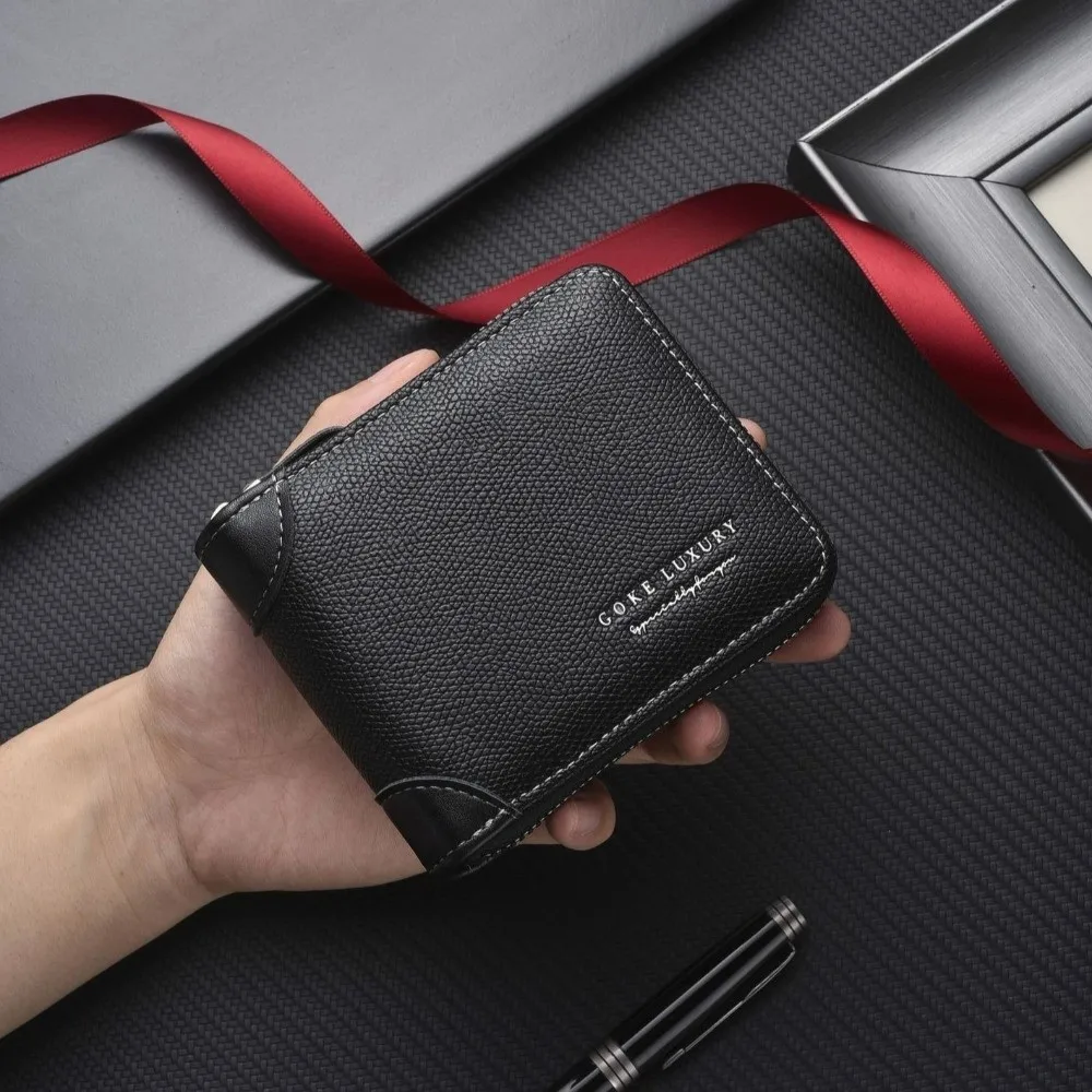 

Luxury PU Men's Wallet Solid Color Multiple Card Slots Business Card Holder Foldable Zipper Leather Coin Purse Storage