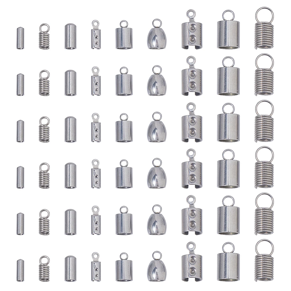 150Pcs 9 Styles Fold Over Cord Ends 304 Stainless Steel Terminators Crimp Cap Clasp Tips Glue-in Leather Cord Barrel End Tip