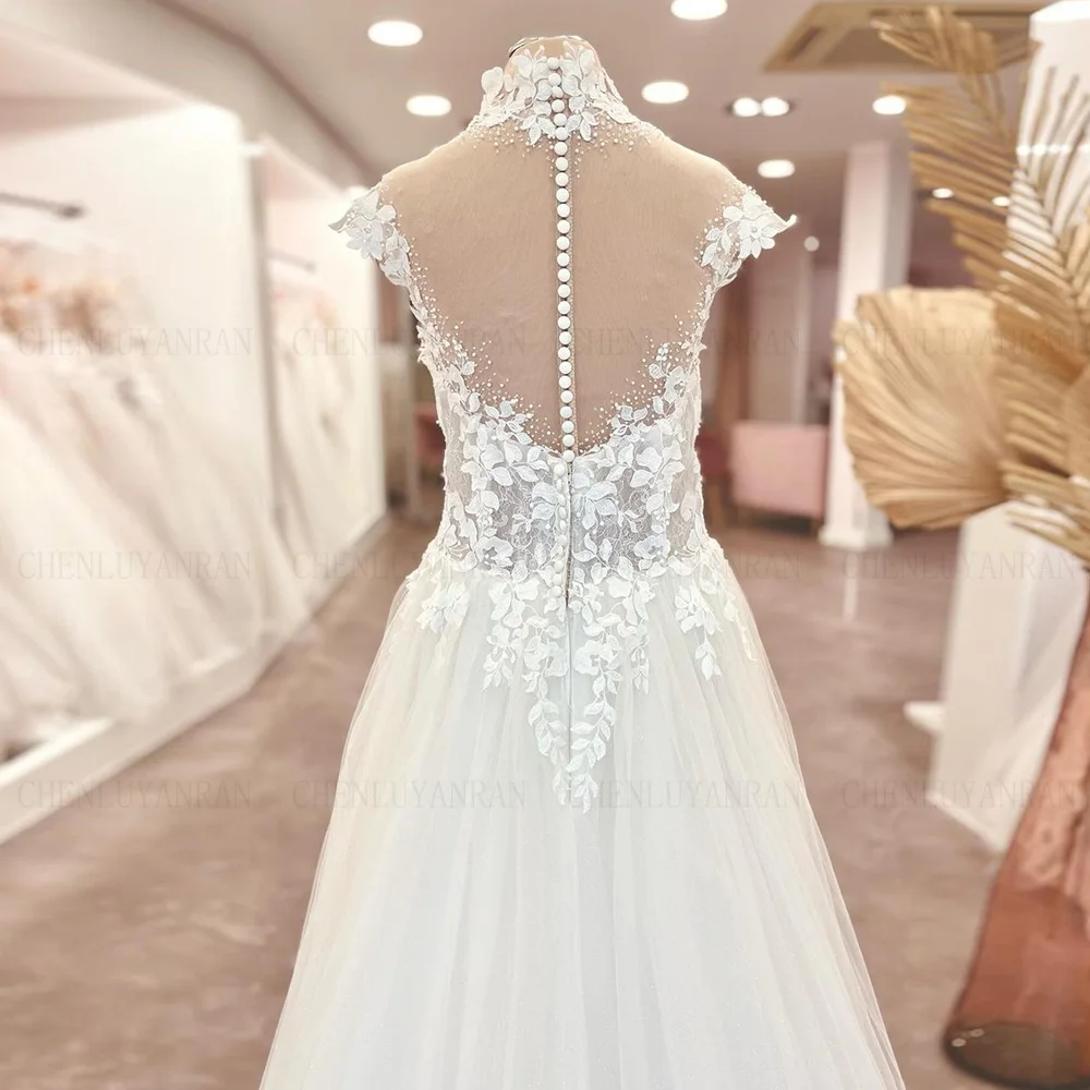 Boho Applique Wedding Dresses Beading High Neck Long Bride Dress Sweep Train Tulle Sexy Dress For Women 2024 Robe De Mariée