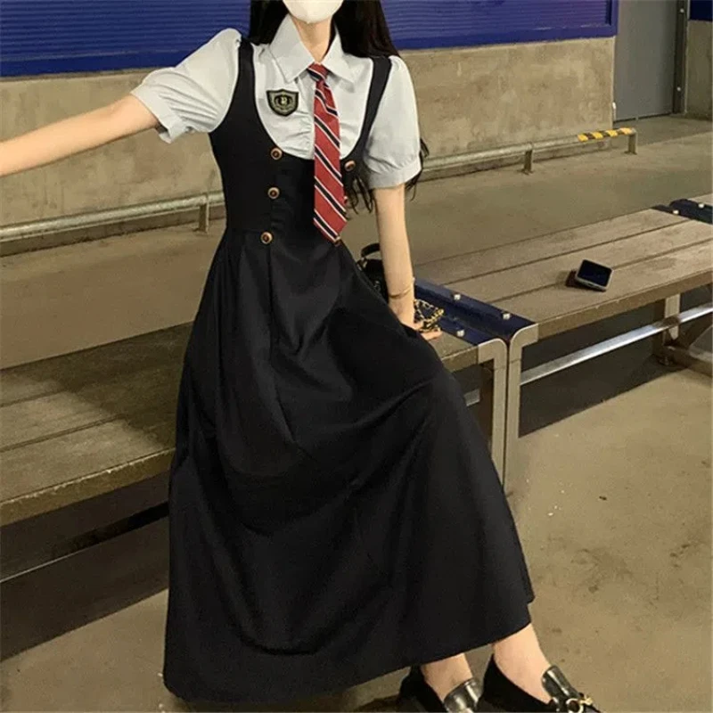 Japan JK Preppy Style Two Piece Dresses Set Fashion Summer New Women Badge Button Short Sleeve Shirt Skinny Strap Dress Suit