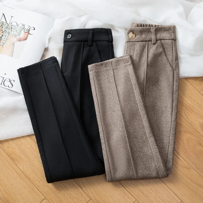 2026 Autumn New Haren Pants Casual Loose Herringbone Woolen Fabric Pants Women Thicken Warm Elasticity High Waist Black Pants