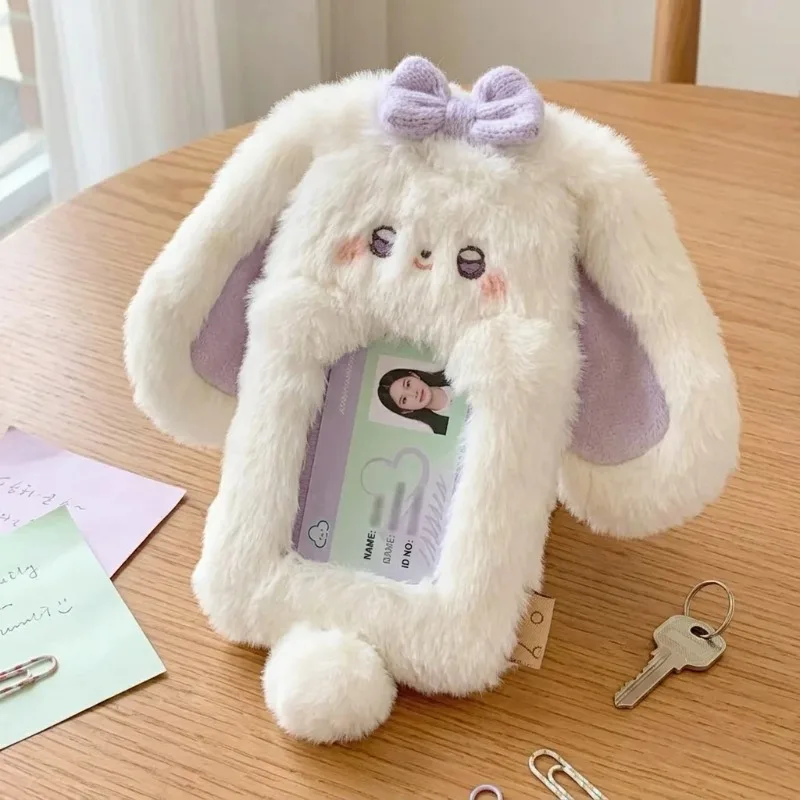 Cute Bunny Plush Card Holder Bowknot Rabbit Photo Cover Student ID Protector Portable Small Decor Gift Daily School Supply