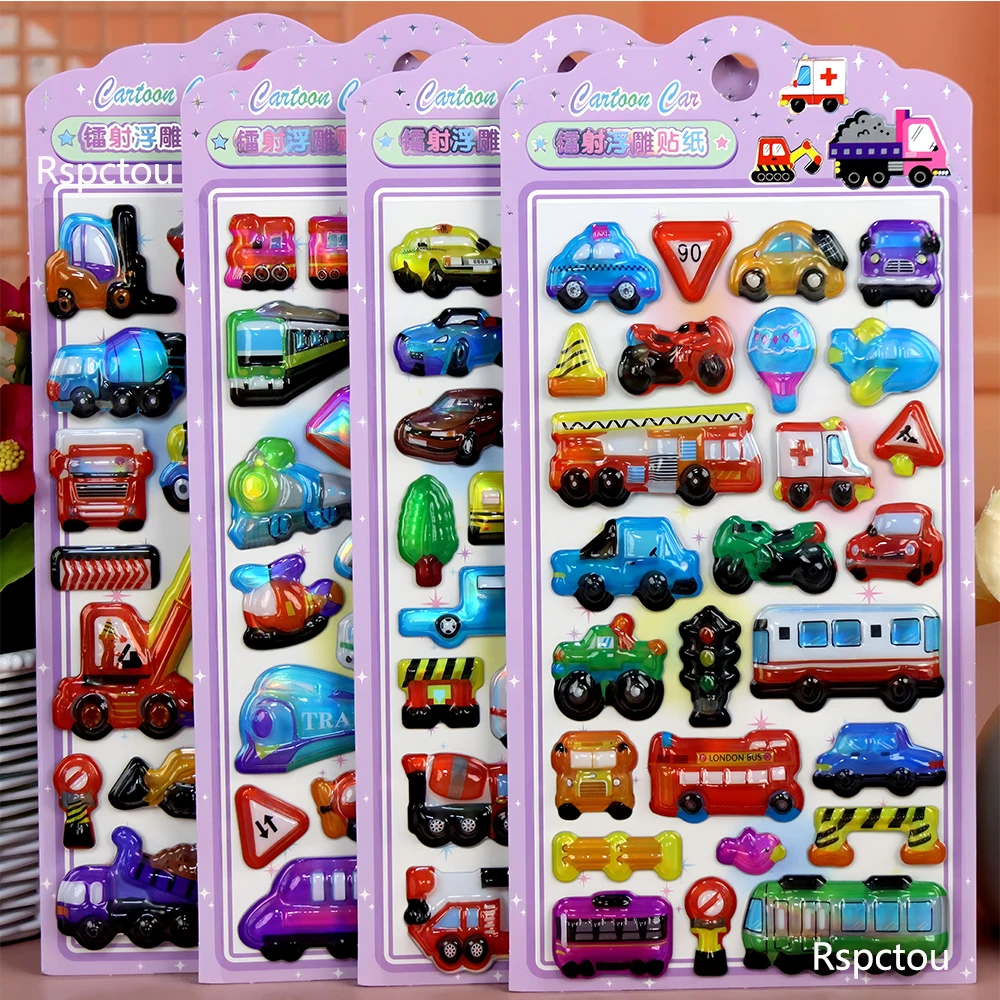 

4pcs Funny Cartoon Laser Vehicle 3D Relief Stickers Decals DIY Laptop Phone Case Diary Suitcase Guitar Decoration Sticker Toys