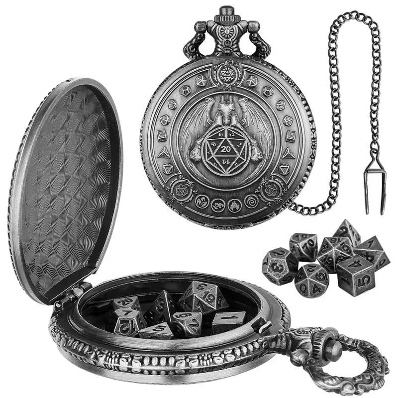 Antique Dragon Wings Pocket Watch Case with FOB Chain 7pcs Tiny Polyhedral Metal Dice Set for Table Board Role Play Game