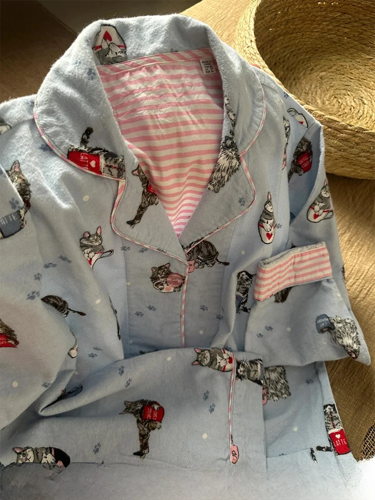 Adorable Dog Collared Sleepwear Women's Autumn Style Long Sleeve Long Pants Home Clothes Two-Piece Set Cartoon Print Thickened
