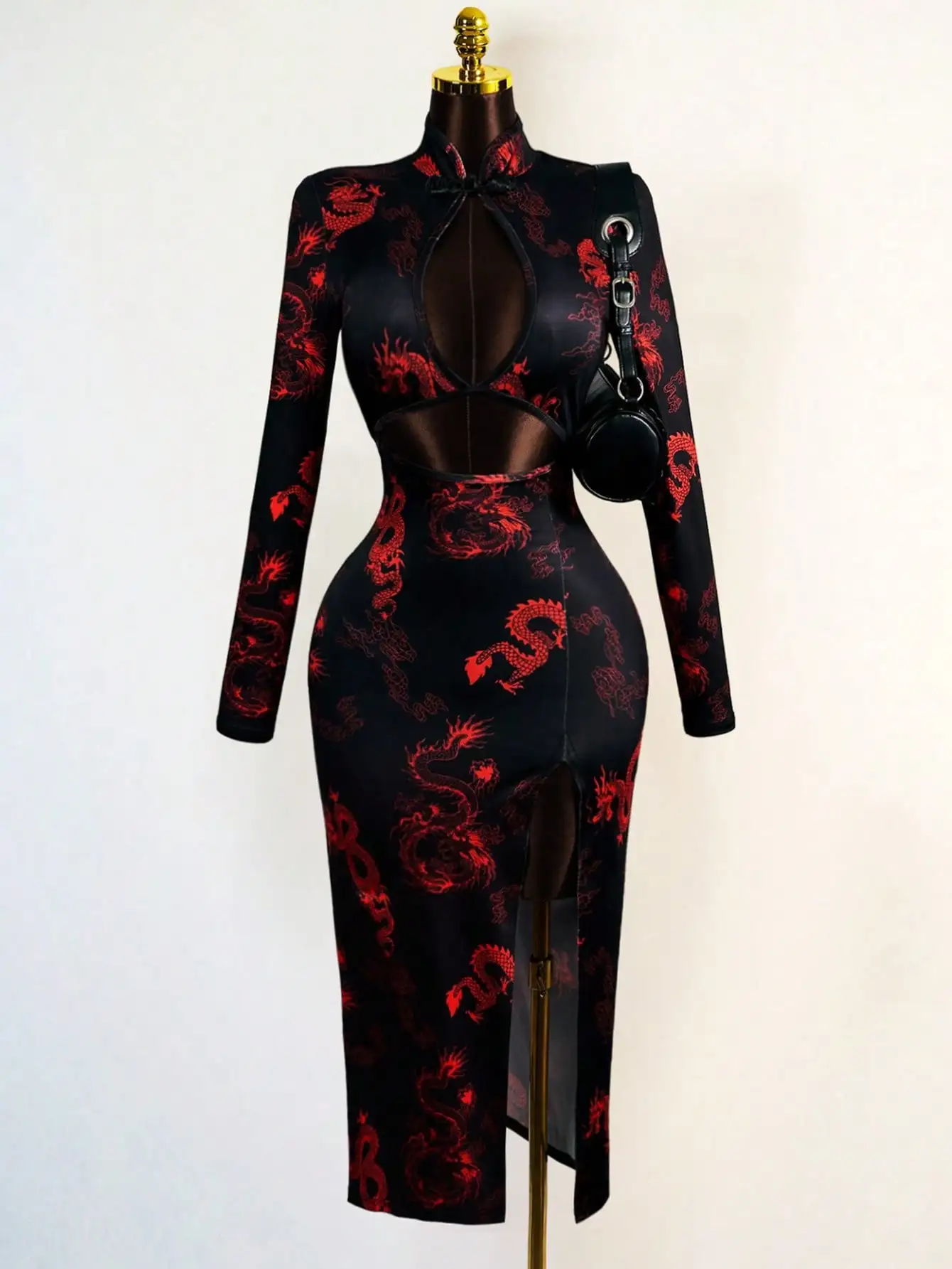 

Sexy Red Dragon Print Faux Cheongsam Dress with Hollow Front & High Slit