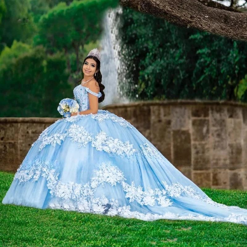 Sky Blue Quinceanera Dress 2024 Beading Crytals 3D Floral Lace Appliques Ball Gown Sweet 16 Party Princess Dress Long Train