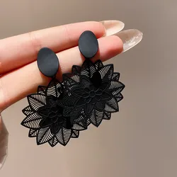 Elegant Black Flower Drop Earrings For Women Luxury Ethnic Korean Earring Exaggerated Temperament Gothic Accessories Jewelry