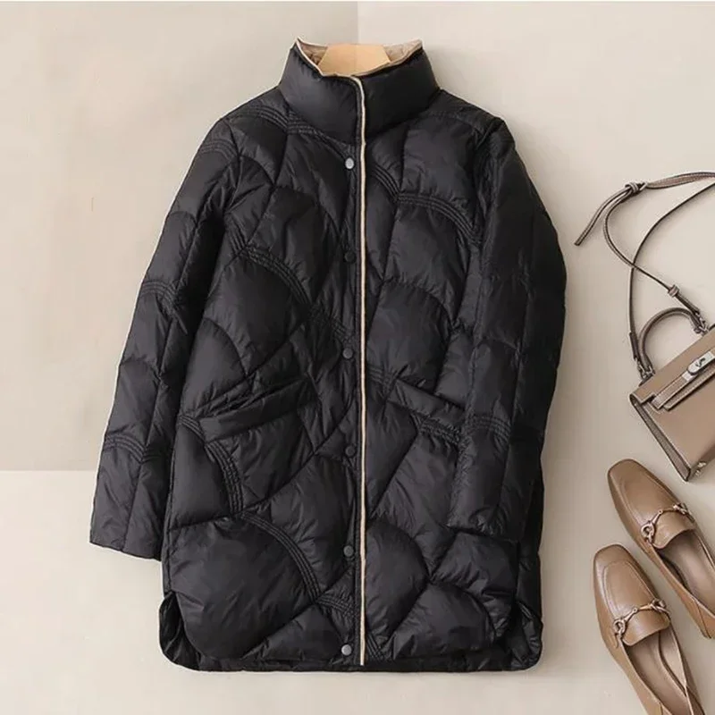 2025 NEW Long Women Duck Down Jackets Ultra Light Winter Vintage Slim Coat Autumn Casual Warm Black Quilted Parkas