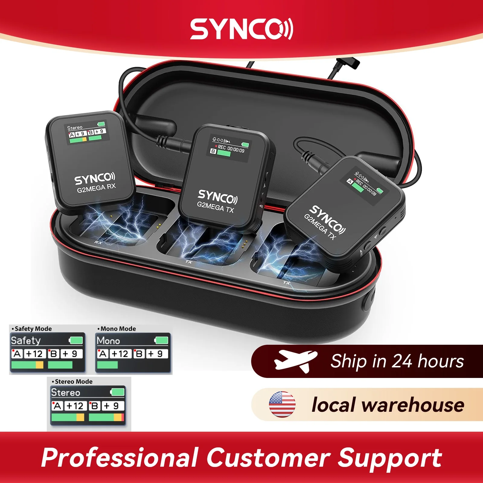 

SYNCO G2A2 MEGA Wireless Microphone System with Charging Case Dual Transmitter 8GB Storage of 24H 656ft Video Recording Camera