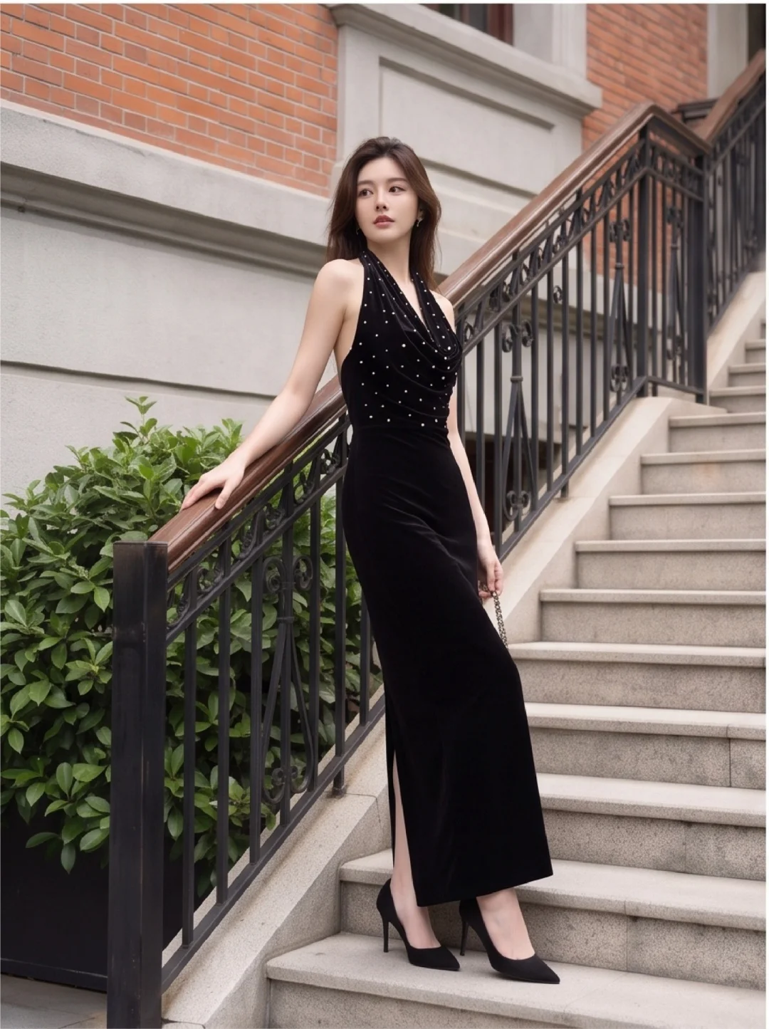 Women Velvet Halter Maxi Dress Pearl Beaded Deep V Neck Sleeveless