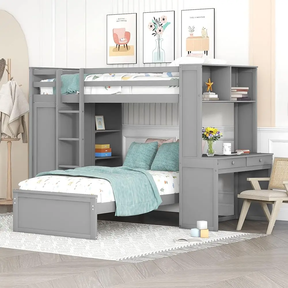 

Twin Over Twin Bunk Bed With Desk, Storage, Solid Wood Bunk Bed With Shelves And Wardrobe, Twin Size Loft Bed With A
