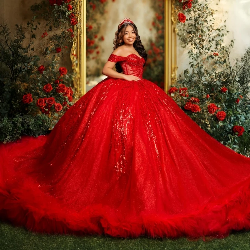 

Red Shiny Quinceanera Dresses Off The Shoulder Beading Crystal Bow Tiered Tull Corset Party Birthday Sweet 16 Dress Vestidos 15